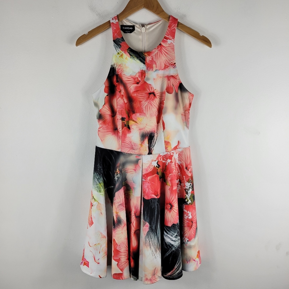 Bebe Watercolor Floral Sleeveless Scuba Fit and Flare Mini Skater Dress